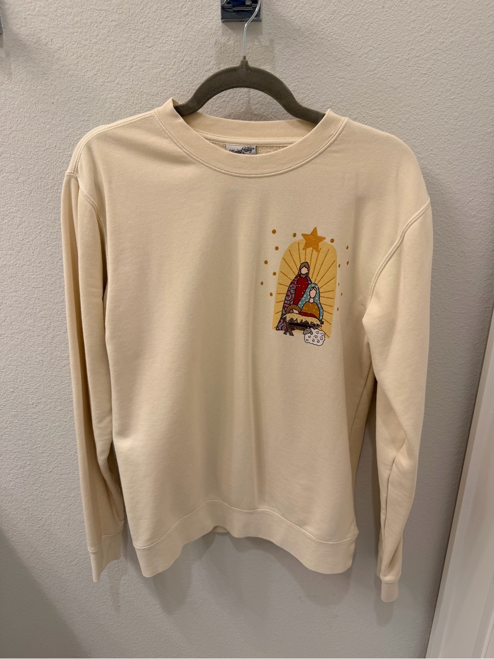 Living Fully Cream Crewneck Sweatshirt with Nativity Illustration